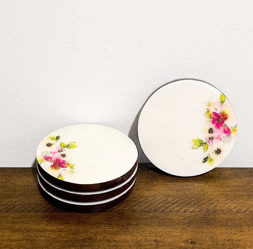 NWT: Godinger - Set of 4, Walnut Wood & Enamel, Floral Coasters